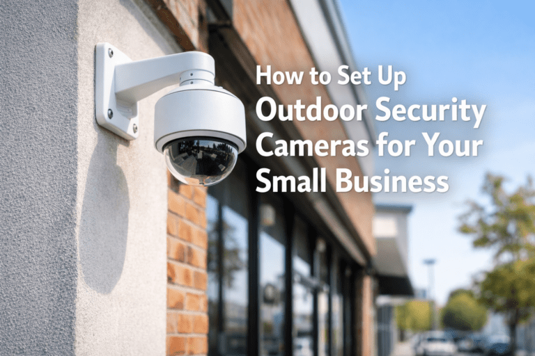 Outdoor security camera mounted on a small business exterior wall