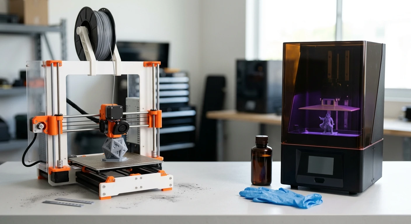ide by side comparison of a filament FDM 3D printer and a resin MSLA 3D printer on a workbench