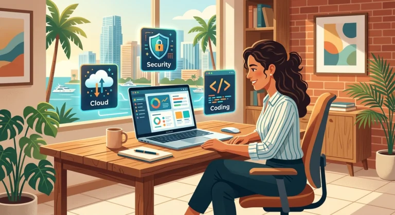 Small business employee completing an online tech training course on a laptop