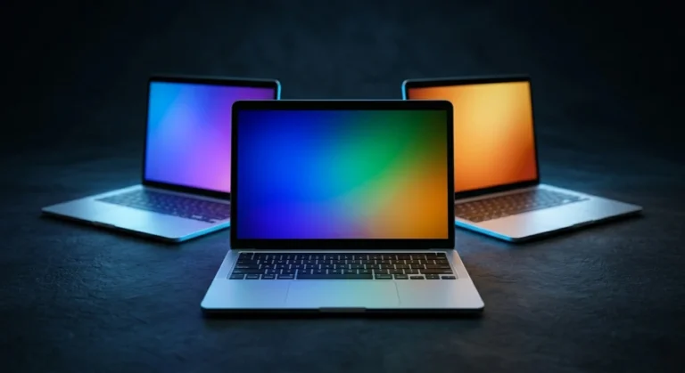 Four budget laptops under $600 laid out on a desk for small business comparison