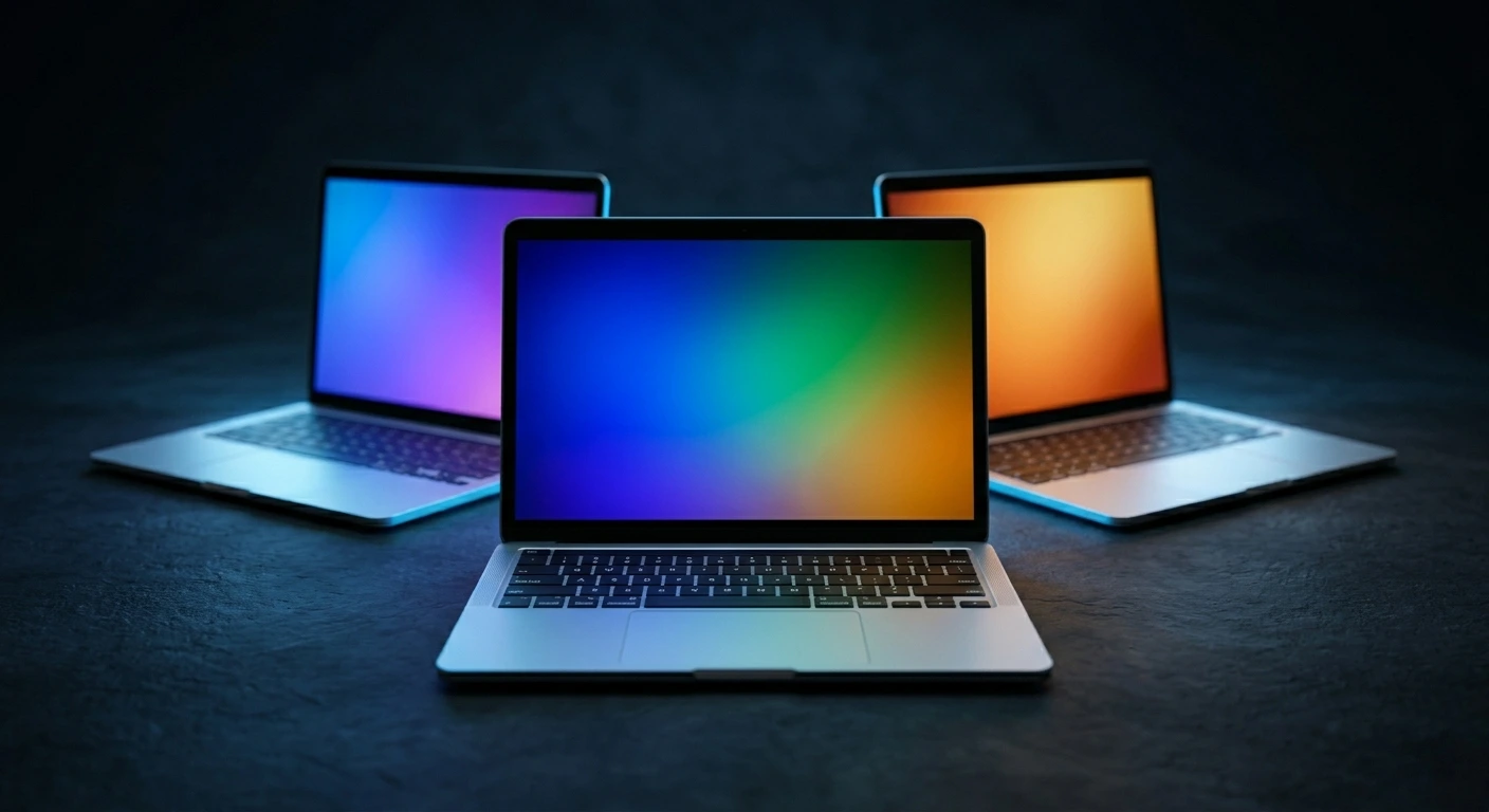 Four budget laptops under $600 laid out on a desk for small business comparison