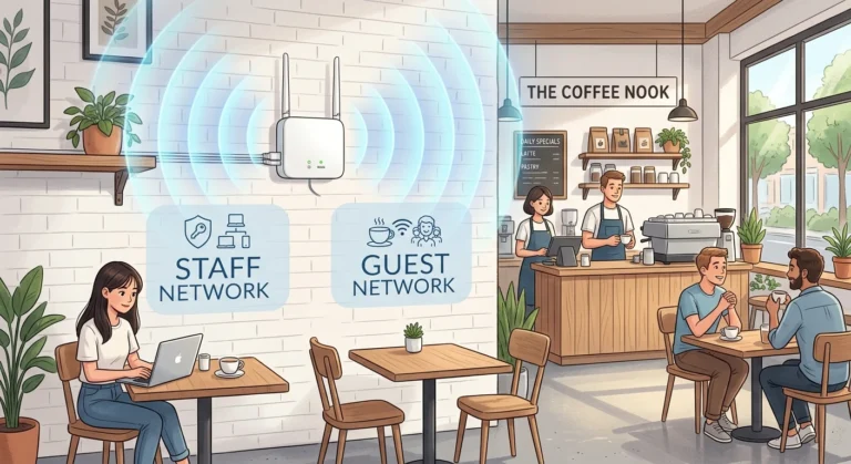 ASUS ExpertWiFi EBR63 business WiFi router on a desk in a small office setting