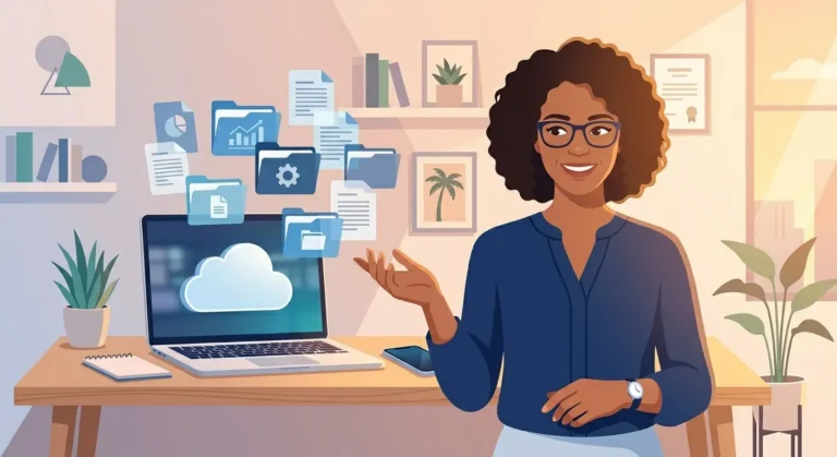 Small business owner accessing shared cloud storage folder on a laptop