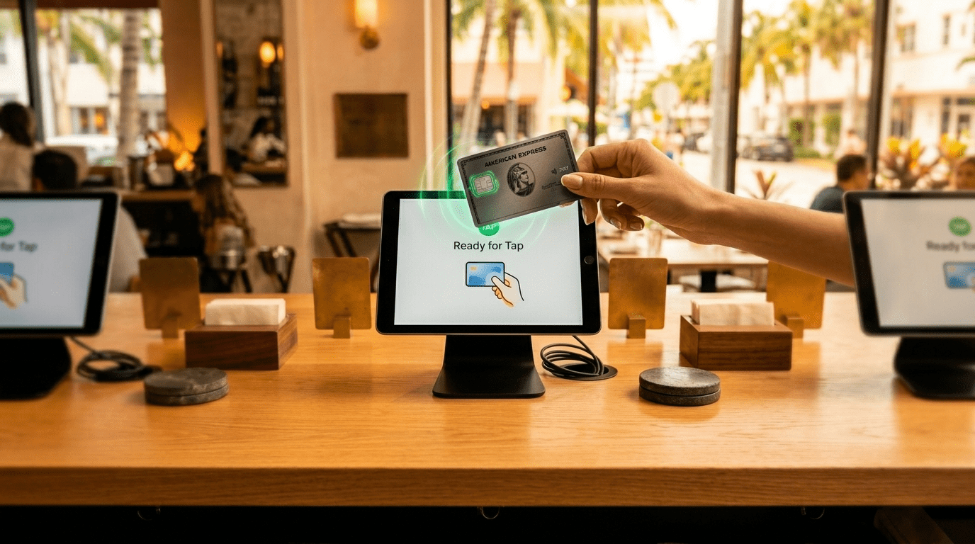 Square, Clover, and Toast POS terminals side by side on a restaurant counter