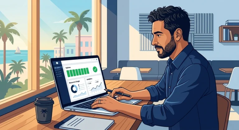 Hostinger web hosting dashboard on a laptop screen in a small business setting