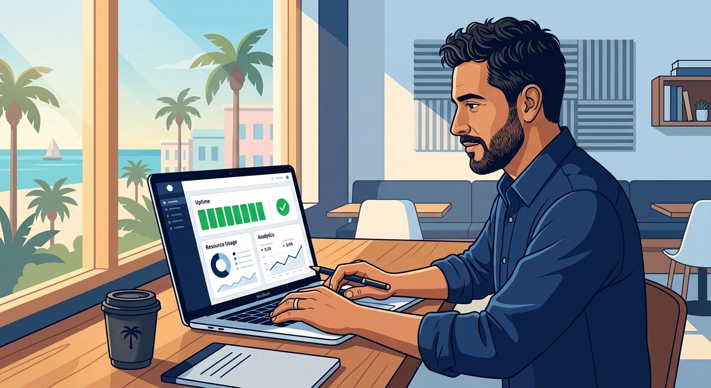Hostinger web hosting dashboard on a laptop screen in a small business setting