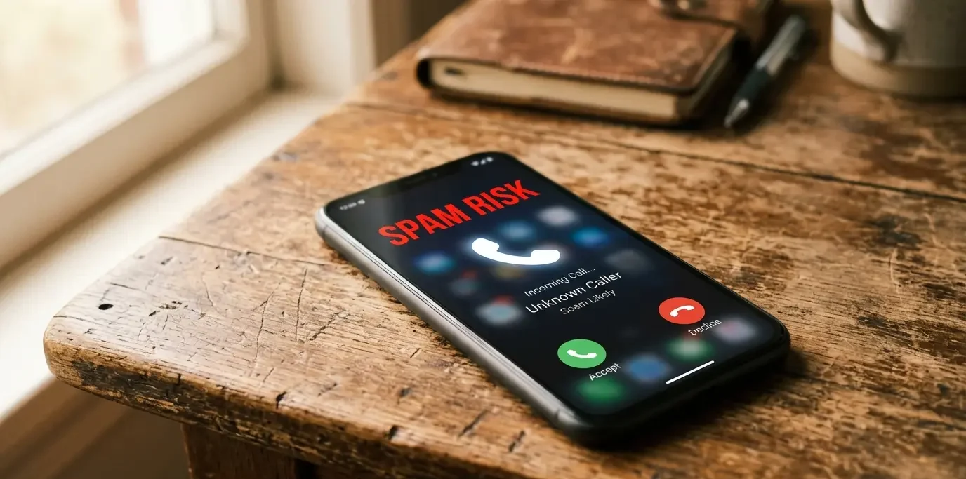 Smartphone screen showing incoming call labeled Spam Risk
