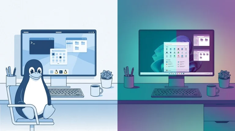 Linux vs Windows for small business comparison on a desk computer in a small office