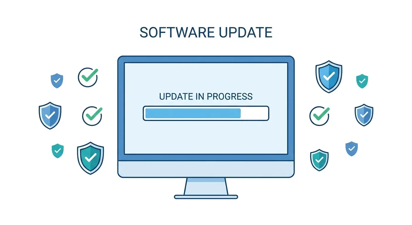 Illustration showing software update notifications on a small business computer screen WordPress media title: Patch Management Small Business 2026