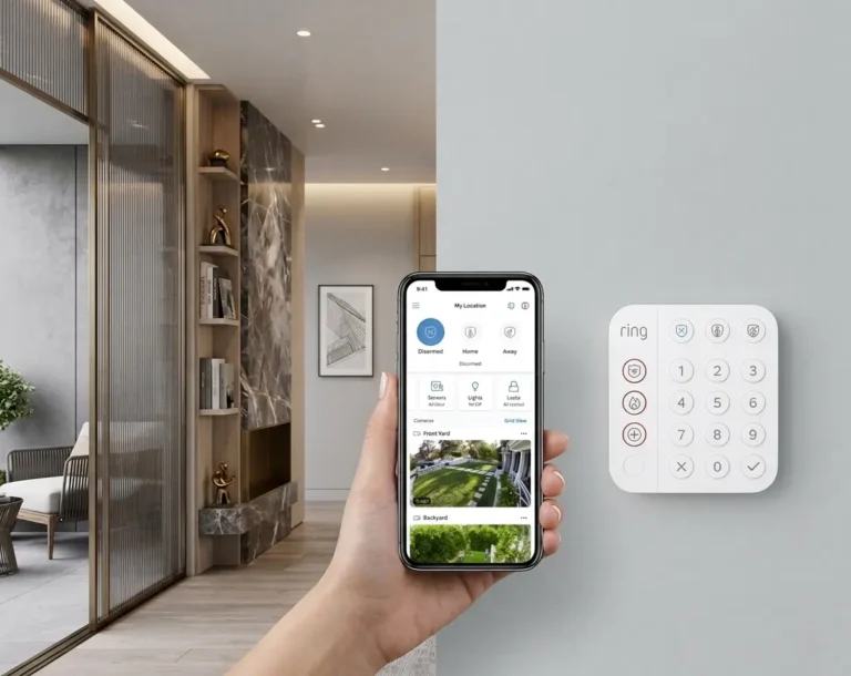 Ring Alarm 14-piece kit laid out on a table — base station, keypads, door sensors, and motion detectors