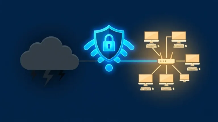 diagram of a firewall blocking unauthorized traffic from reaching a small business network