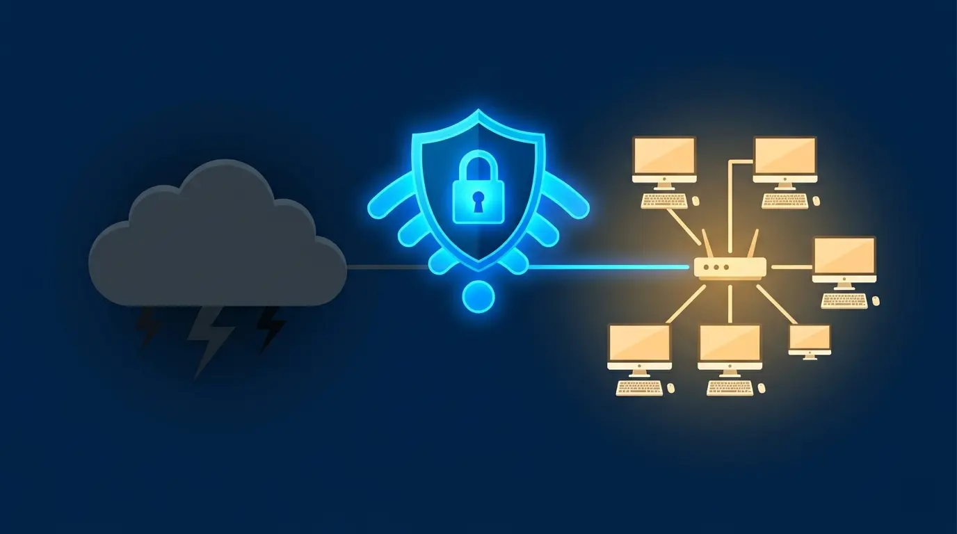 diagram of a firewall blocking unauthorized traffic from reaching a small business network