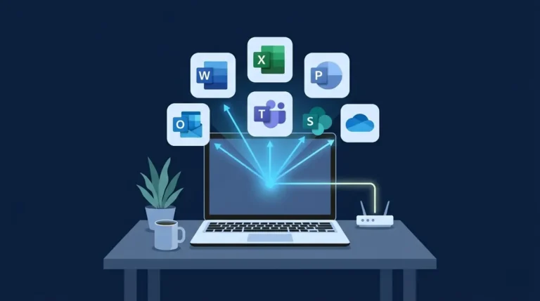 icrosoft 365 apps icons including word excel teams and outlook shown on a small business laptop screen