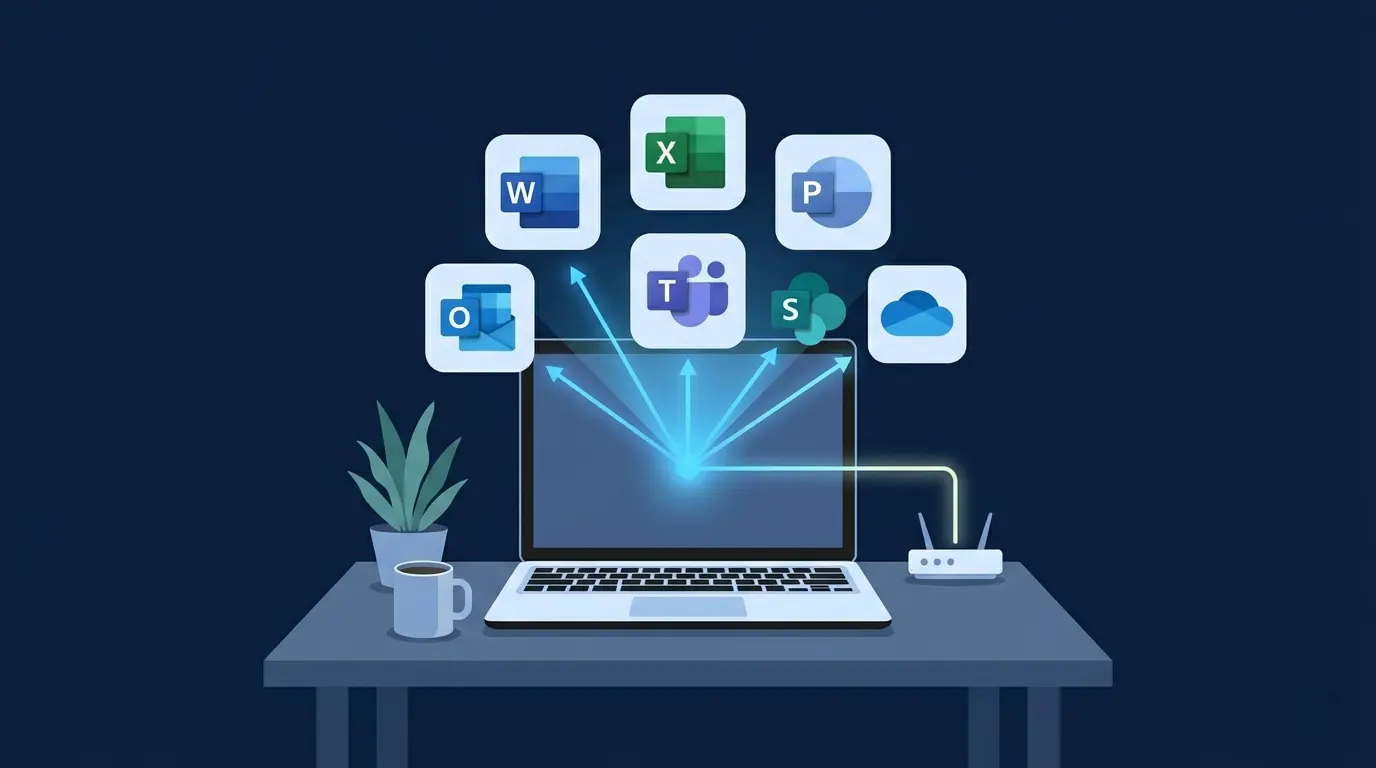 icrosoft 365 apps icons including word excel teams and outlook shown on a small business laptop screen